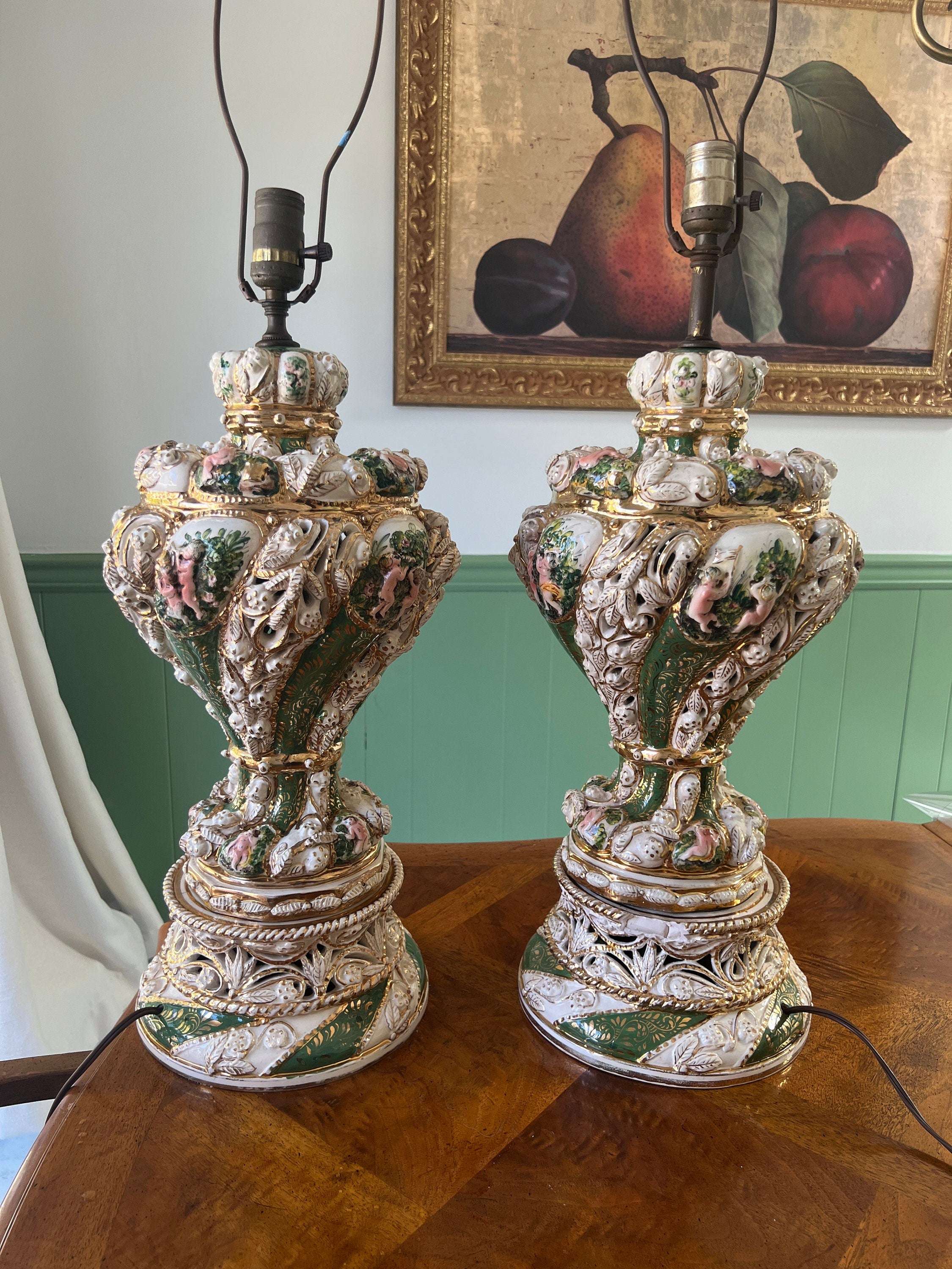 Pair Of Italian Baroque Style Cherub Porcelain Lamps Hand Painted Gilded Rococo Design Signed Brunocrafts Table Lighting Accent Decoration