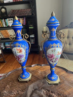 Antique French Cobalt Blue Porcelain Vases Pair Floral Urns Gilt Bronze Handles Victorian Home Decor Elegant Collectible Display Piece