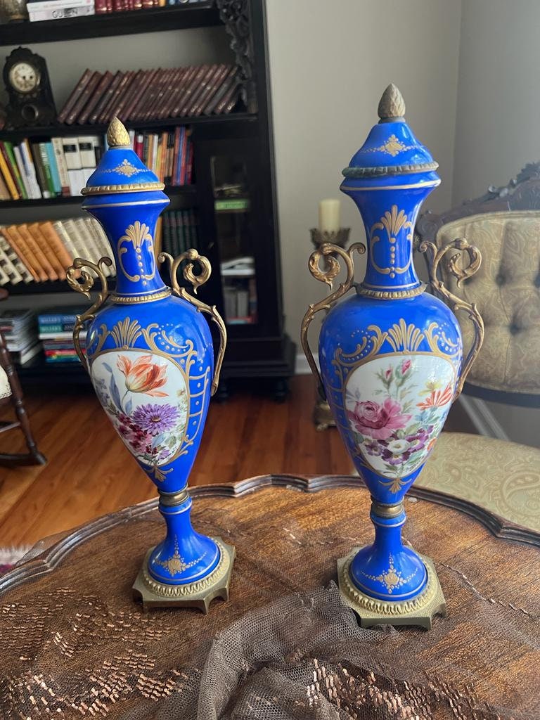 Antique French Cobalt Blue Porcelain Vases Pair Floral Urns Gilt Bronze Handles Victorian Home Decor Elegant Collectible Display Piece