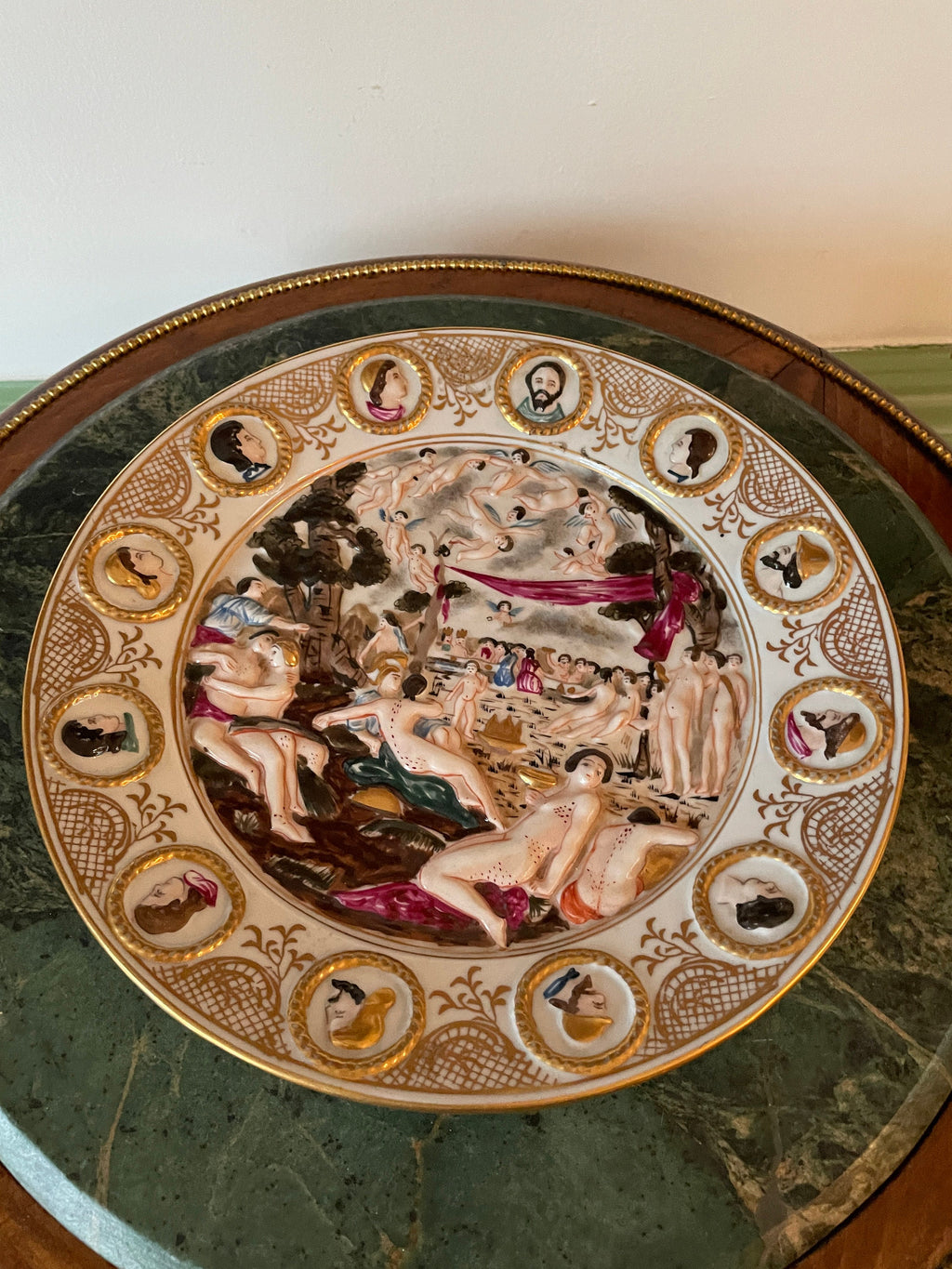 Antique Nude Scene Porcelain Plate Embossed Gold Border Mythological Bacchanal Style Collectible Display Hand Painted Rococo Decoration