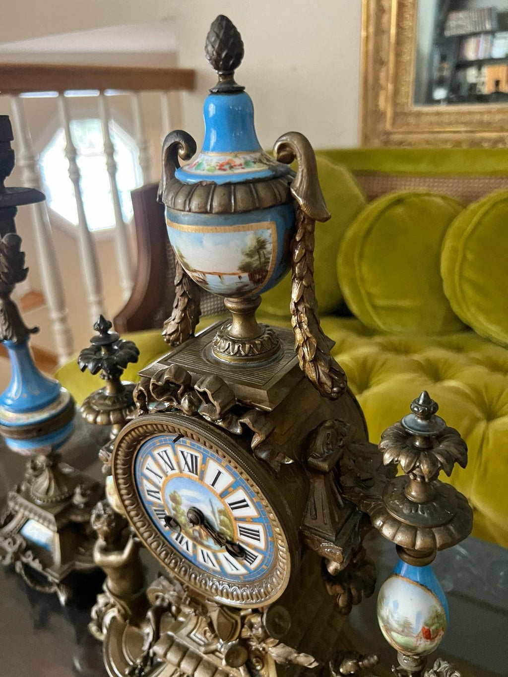Antique French Sevres Style Clock Set Bronze Blue Porcelain Candelabra Mantel Decor Elegant Rococo Design Home Accent Collectible Piece