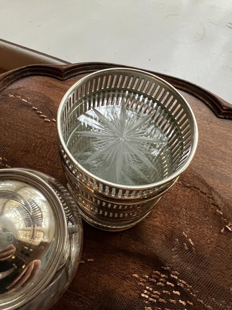 Vintage Silver Rim Glass Coasters Set Of Five Plus Etched Glass Sugar Jar With Lid Spoon Elegant Barware Tea Party Table Decoration Unique