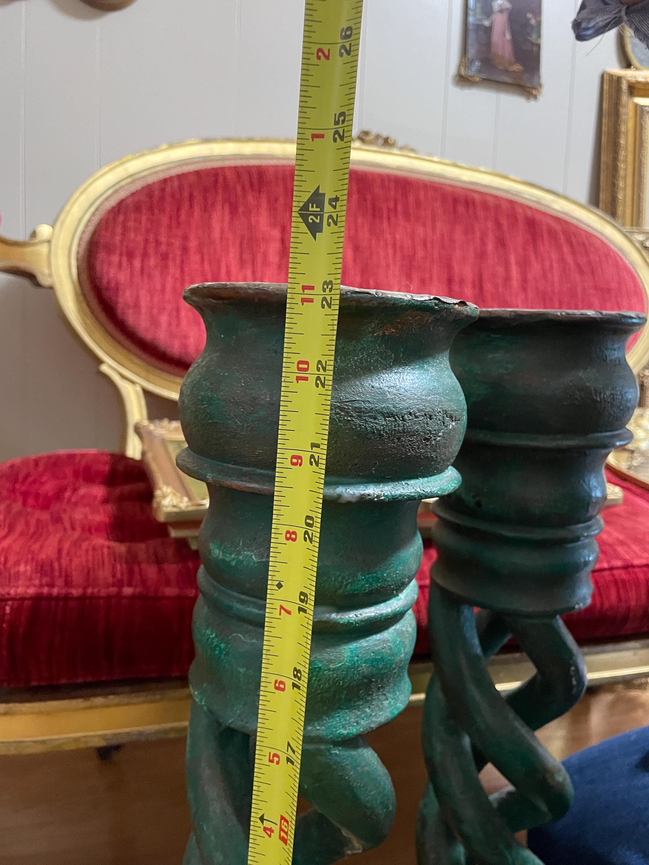 Vintage Green Twisted Candleholders Pair Brass Accents Unique Home Decor Classic Design Statement Lighting Antique Elegant Candle Sticks