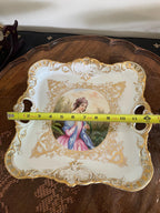 Antique Hand Painted Porcelain Tray Rococo Gold Gilt French Style Victorian Wall Hanging Figurative Decorative Plate Collectible Art Piece