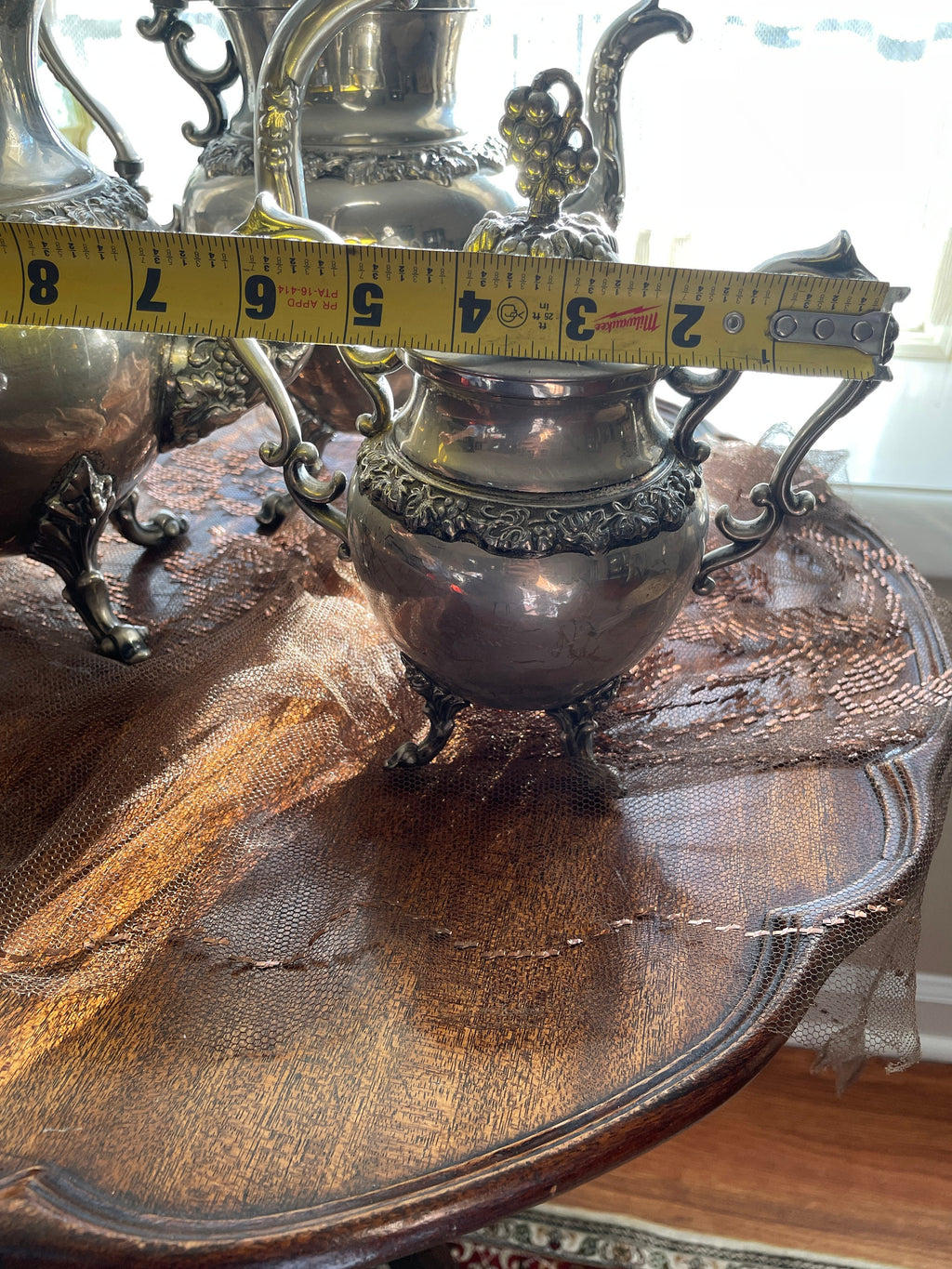 Vintage Silver Plated Copper Tea and Coffee Pot Set with Sugar Pot grapes leaves