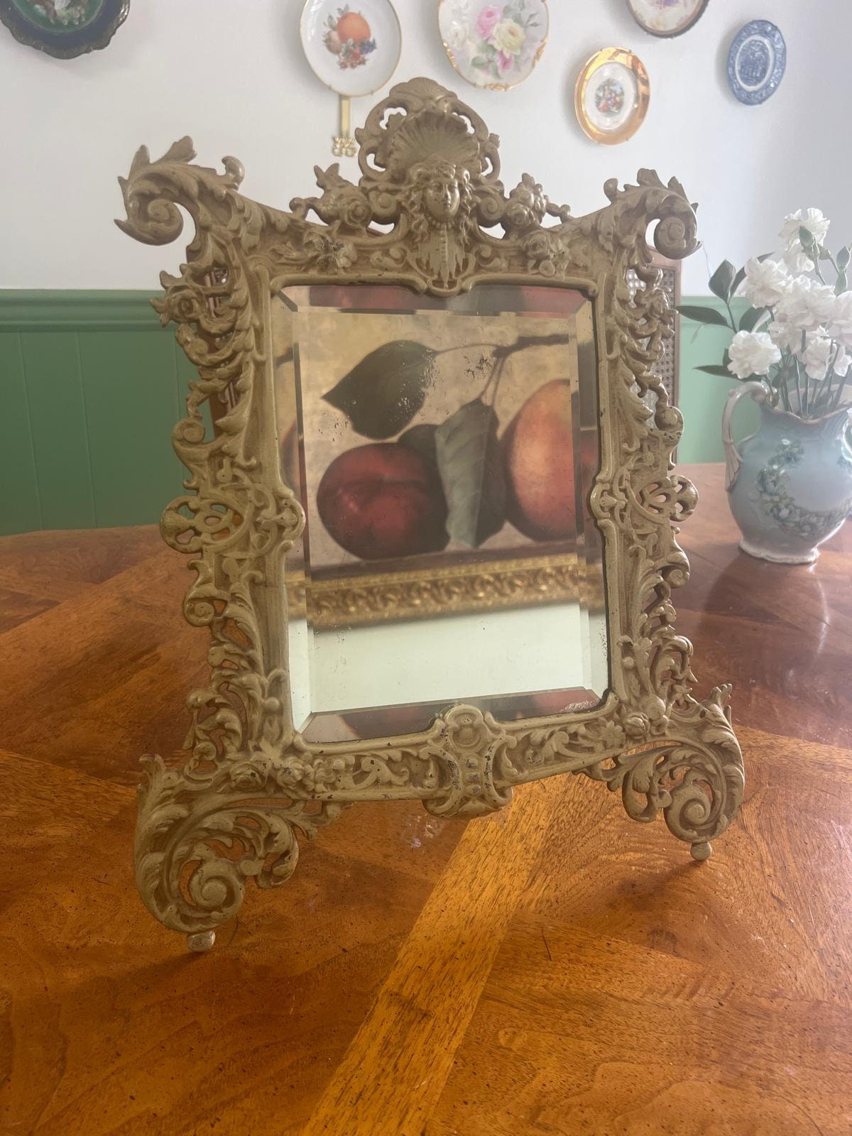 Antique Baroque Style Ornate Table Mirror Victorian Cast Metal Frame Vanity Accent Piece Rococo French Revival Design Decoration Gift