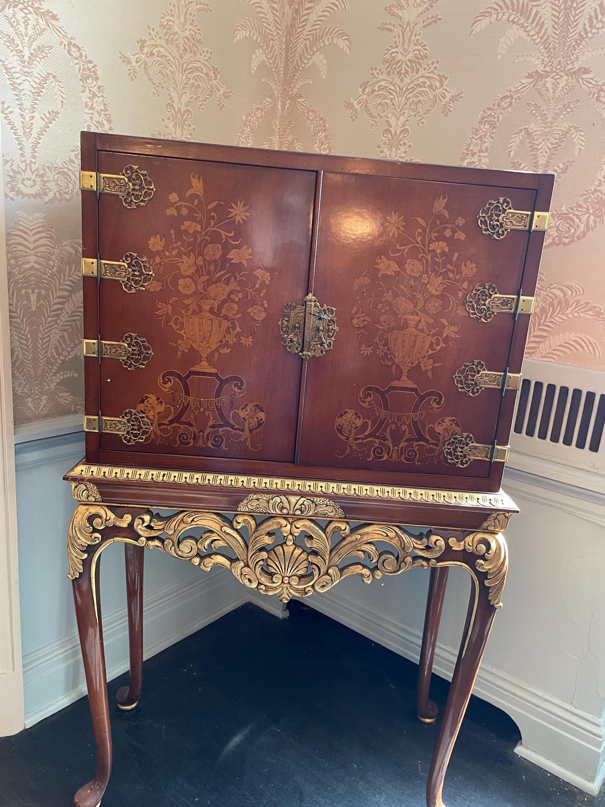 Vintage French Style Accent Cabinet, Floral Inlay, Gold Gilded Table Drink Cabinet