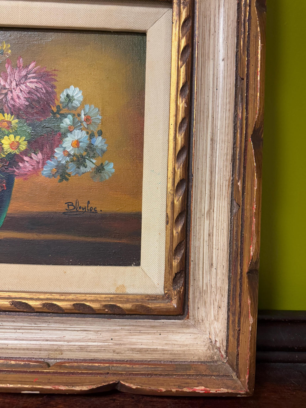 Vintage Floral Still Life Oil Painting in Ornate Wood Frame, Hand-Painted Chrysanthemums in Blue Vase, Farmhouse Wall Art Signed