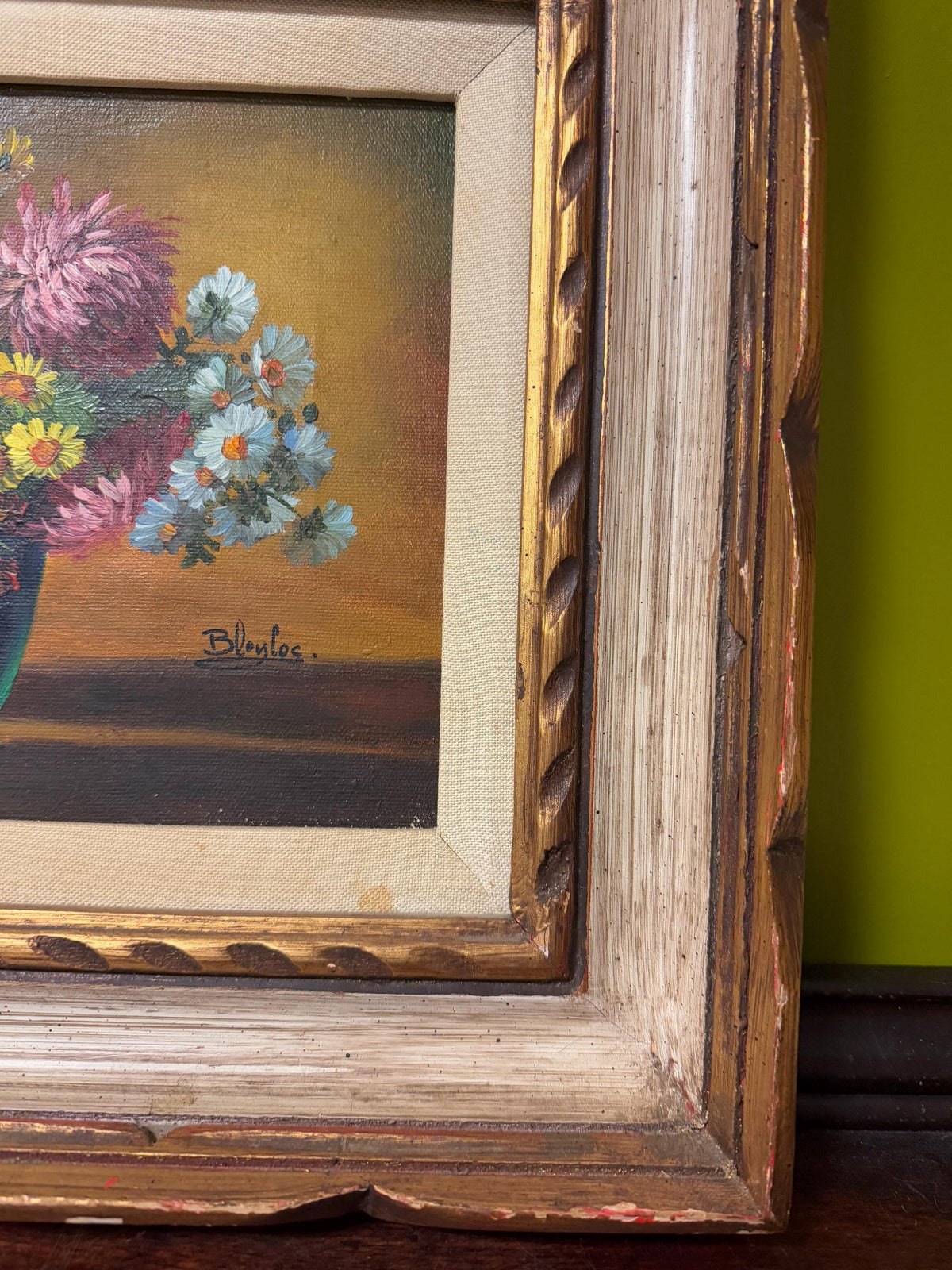 Vintage Floral Still Life Oil Painting in Ornate Wood Frame, Hand-Painted Chrysanthemums in Blue Vase, Farmhouse Wall Art Signed
