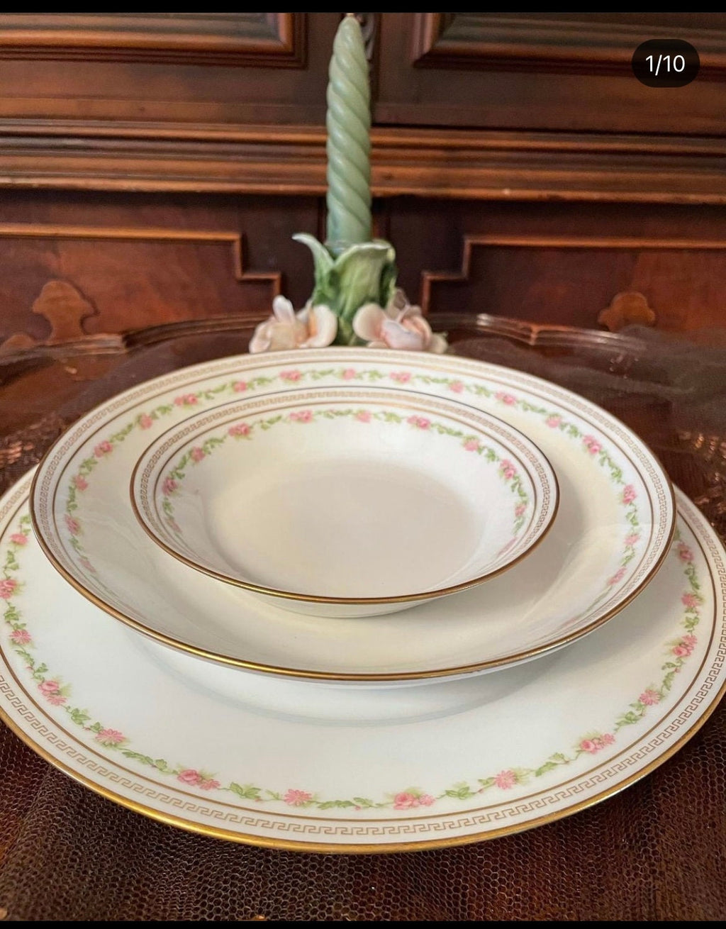 Limoges Old Abbey Porcelain Pink Floral Dinner Set Limoges Dinner Rim Plate Bowl Limoges Serving Dishes Gravy Tray Made in France 62 Pieces
