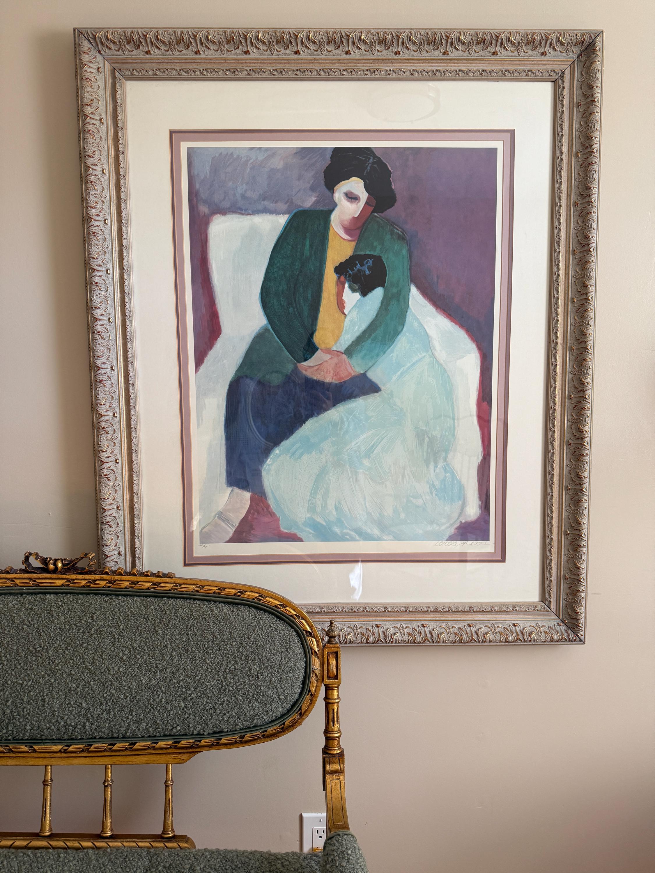 Vintage Framed Abstract Art Print Woman Child Ornate Gold Frame Colorful Modernist Design Home Décor Wall Accent Collectible Art Piece