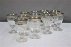 Vintage Silver Rimmed Water Goblets Set Elegant Clear Glass Footed Cups Classic Mid Century Barware Wedding Dinner Display Collection