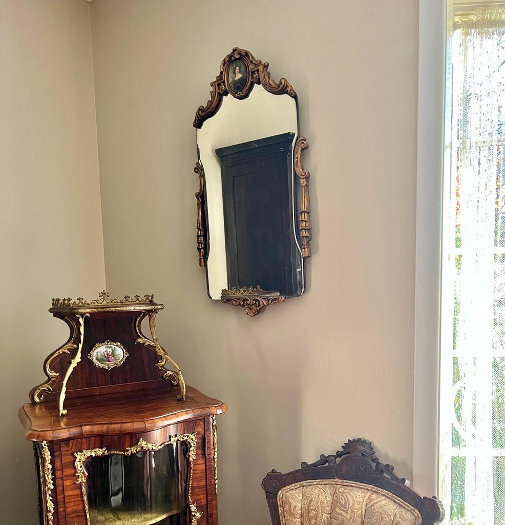 Antique Wall Mirror Victorian Style Ornate Frame Beveled Glass Portrait Detail Rococo Decor Hanging Mirror Carved Wood Gold Finish Accent