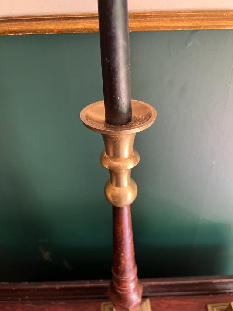 Vintage Tall Brass Wood Candlesticks Pair Colonial Style Taper Holders Elegant Antique Mantel Decor Statement Dining Table Accent Classic