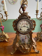 Antique Rococo Style French Clock Set Gilt Bronze Candelabras Porcelain Accents Romantic Scene Victorian Decor Collectible Mantelpiece 1900s