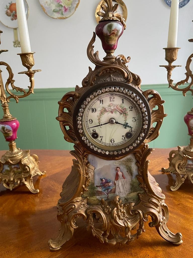 Antique Rococo Style French Clock Set Gilt Bronze Candelabras Porcelain Accents Romantic Scene Victorian Decor Collectible Mantelpiece 1900s
