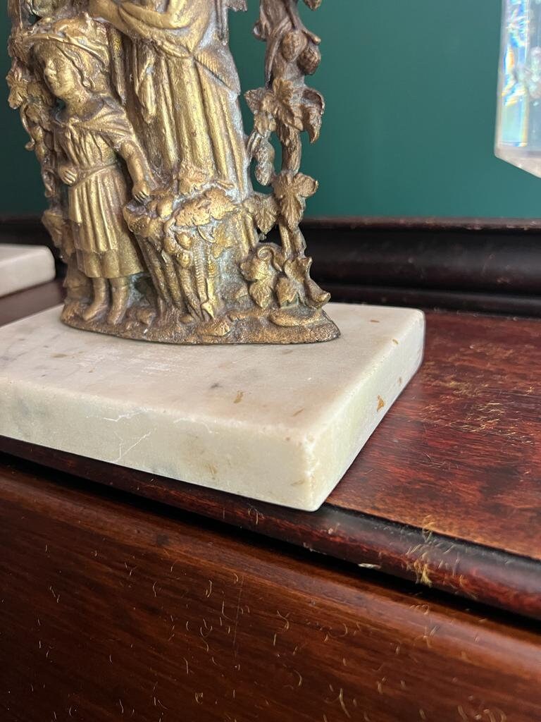 Antique Set of 3 Victorian Bronze Candlestick Girandole  Figural Ornate Crystal Prism  Marble Base Candleholder Mid 1800s