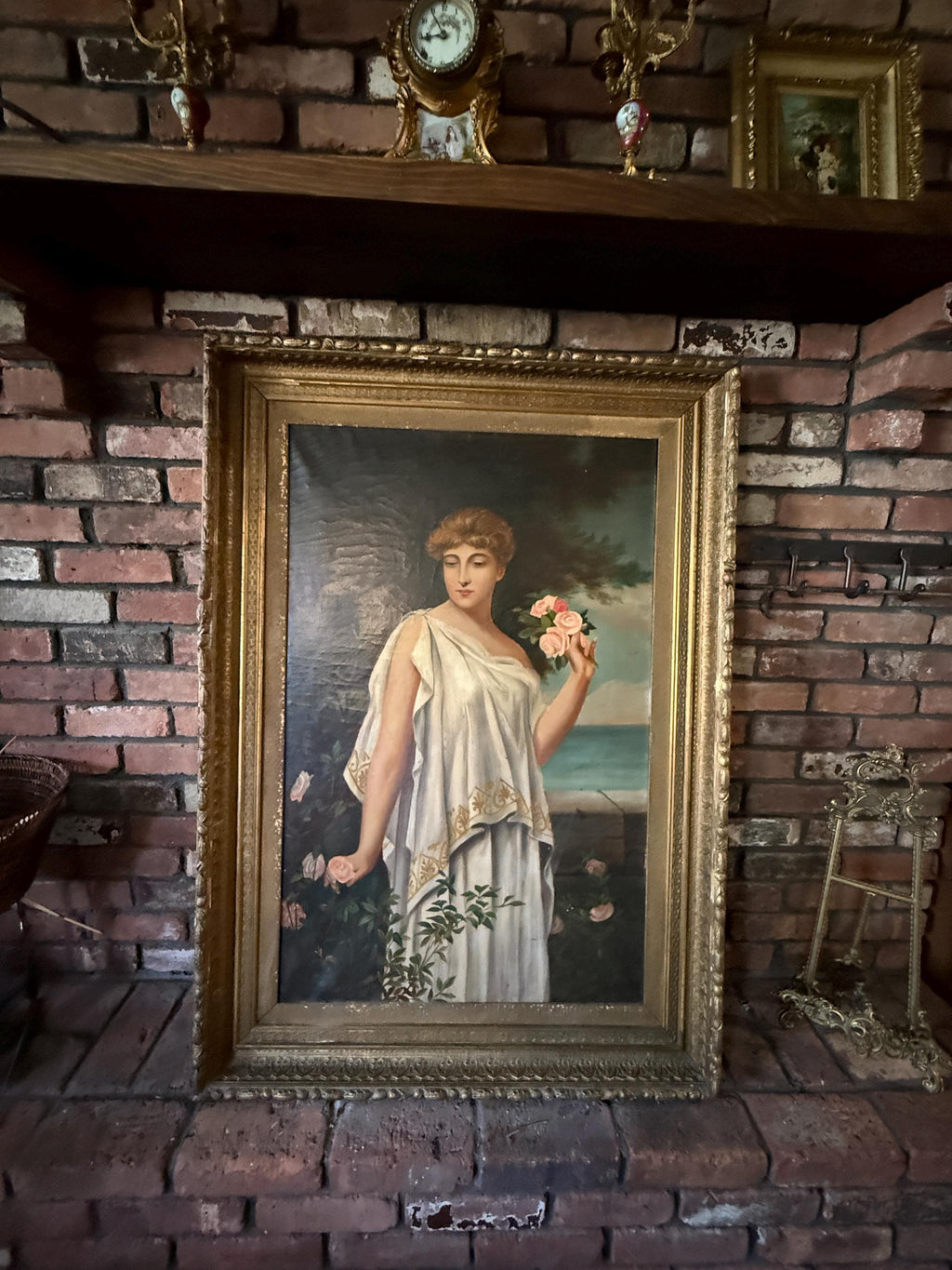 Antique Classical Oil Painting of a Woman with Roses | 19th Century Style Gilded Frame Wall Art Collectible Antique Artwork Home Decoration