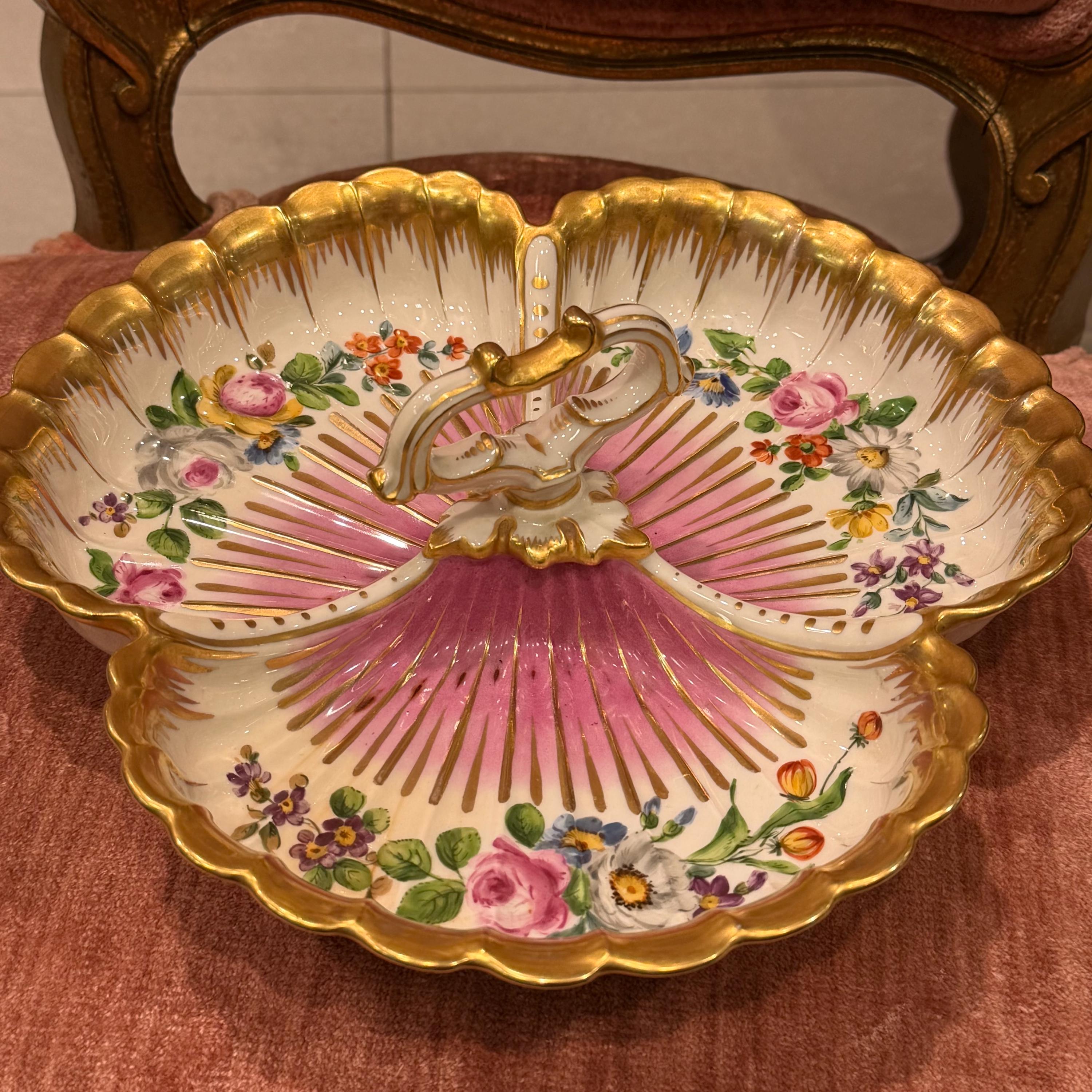 Antique German Hand-Painted Floral Gilt Porcelain Serving Dish, Rococo Candy Bowl