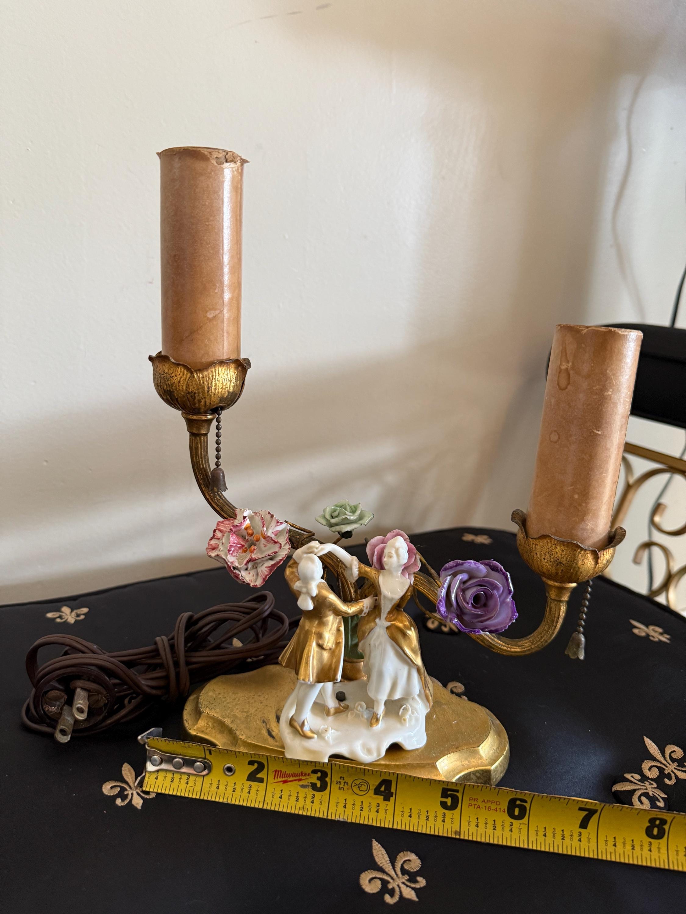 Antique Pair of French Victorian Bronze & Porcelain Lamps Early 1900s Hand Painted Figurines Flowers Exquisite Rare Pair Working Table Lamp