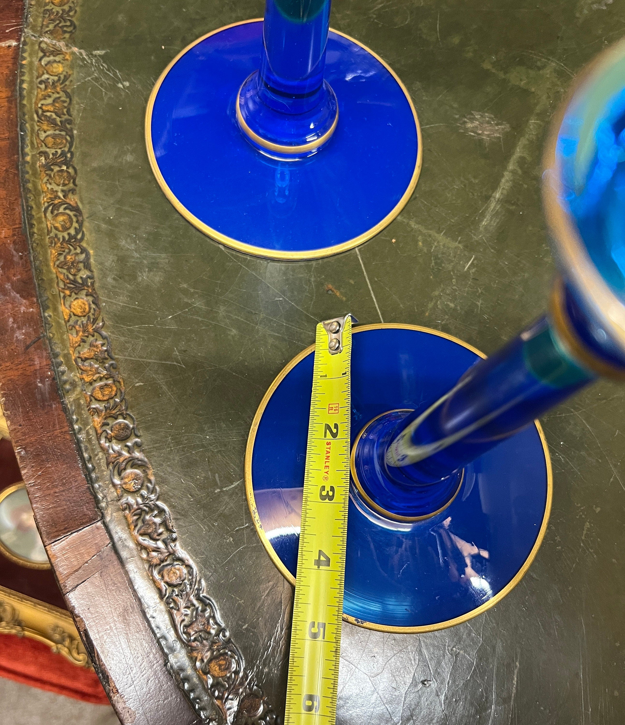 Vintage Blue Glass Candlesticks Pair Elegant Tall Design Gold Rim Mid Century Decor Classic Elegant Table Accents Collectible Candle Holders