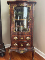 19th Century French Rosewood & Marquetry Louis XV Style Bombe Vitrine Bronze Ormolu Curio Cabinet Hand Painted Porcelain Plaques Home Decor