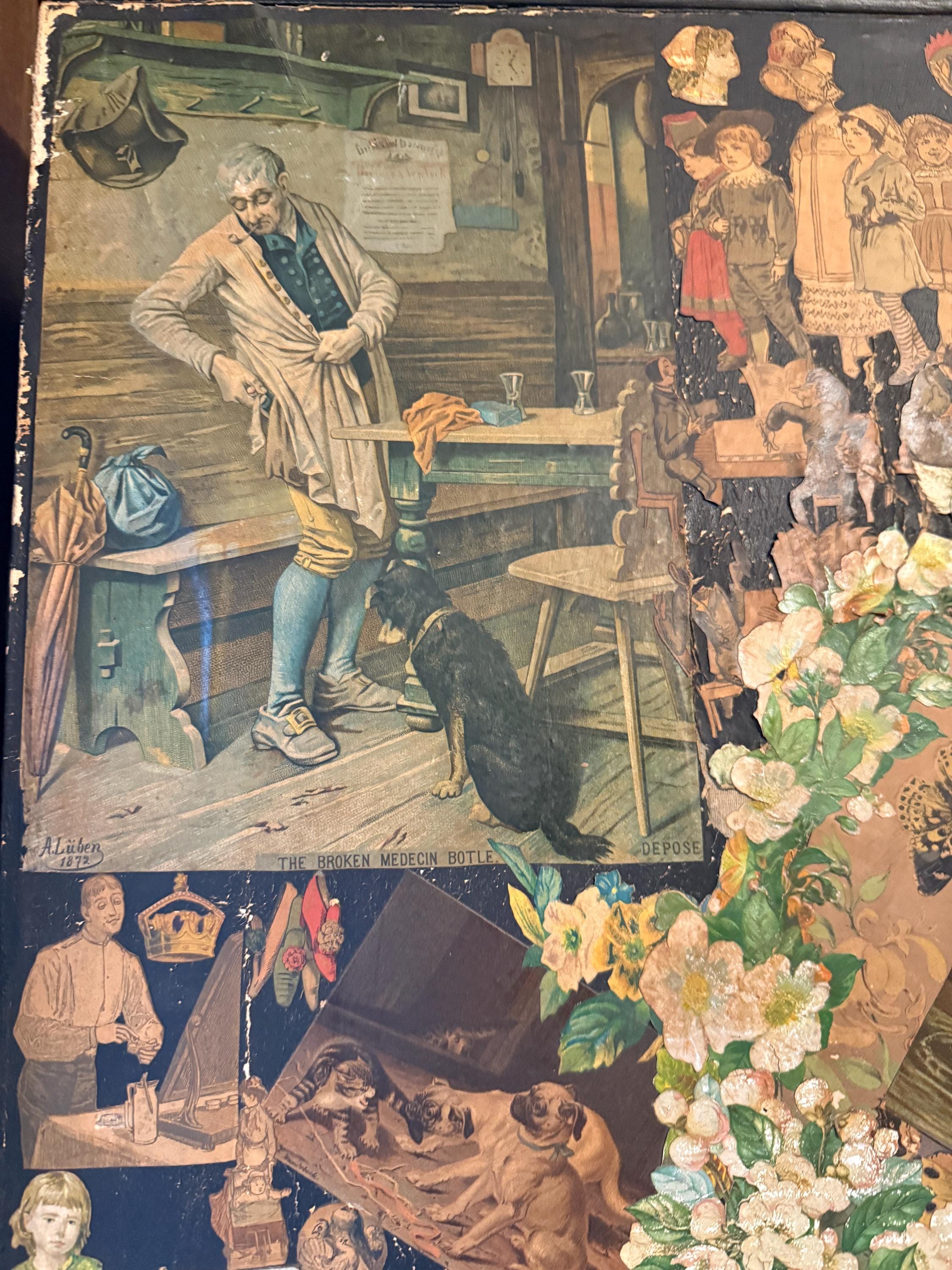 Victorian Decoupage Folding Screen Antique Handcrafted Collage Art Wall Decor Featuring Vintage Illustrations Beautiful Painted Wood Panels