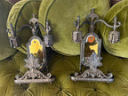 Antique Art Deco Bronze Wall Sconce Pair Leaf Motif Beveled Mirror Electric Light Fixture Ornate Gothic Revival Style Architectural Salvage
