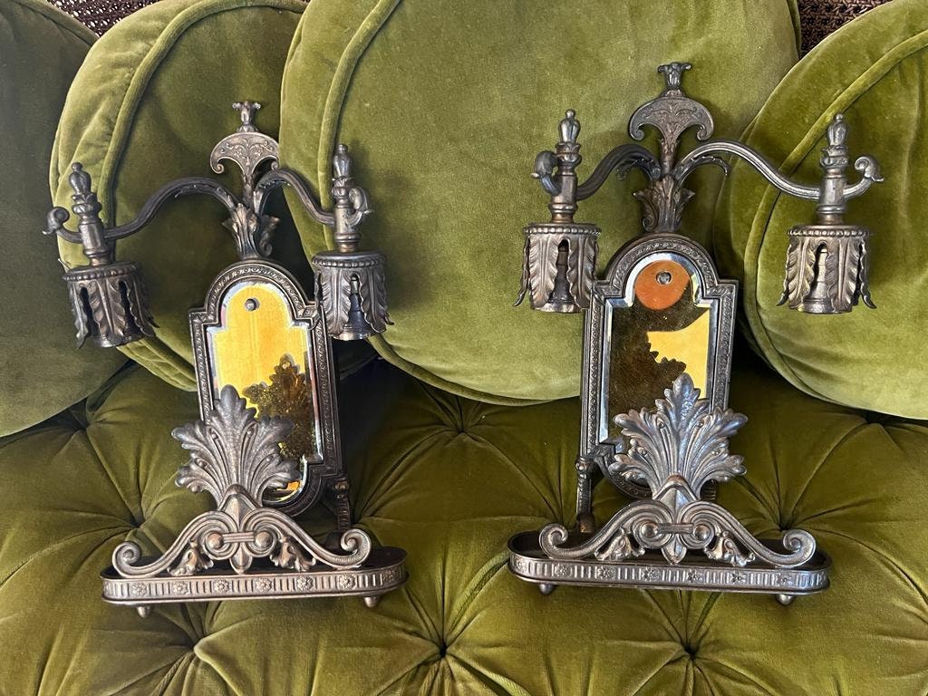 Antique Art Deco Bronze Wall Sconce Pair Leaf Motif Beveled Mirror Electric Light Fixture Ornate Gothic Revival Style Architectural Salvage