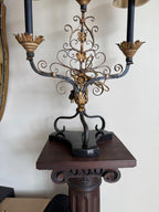 Vintage Wrought Gold Black Iron Electric Candelabra Floral Scroll Base Table Lamp Beige Burlap Shades 3 Lights Ornate Lamp & Shades Elegant