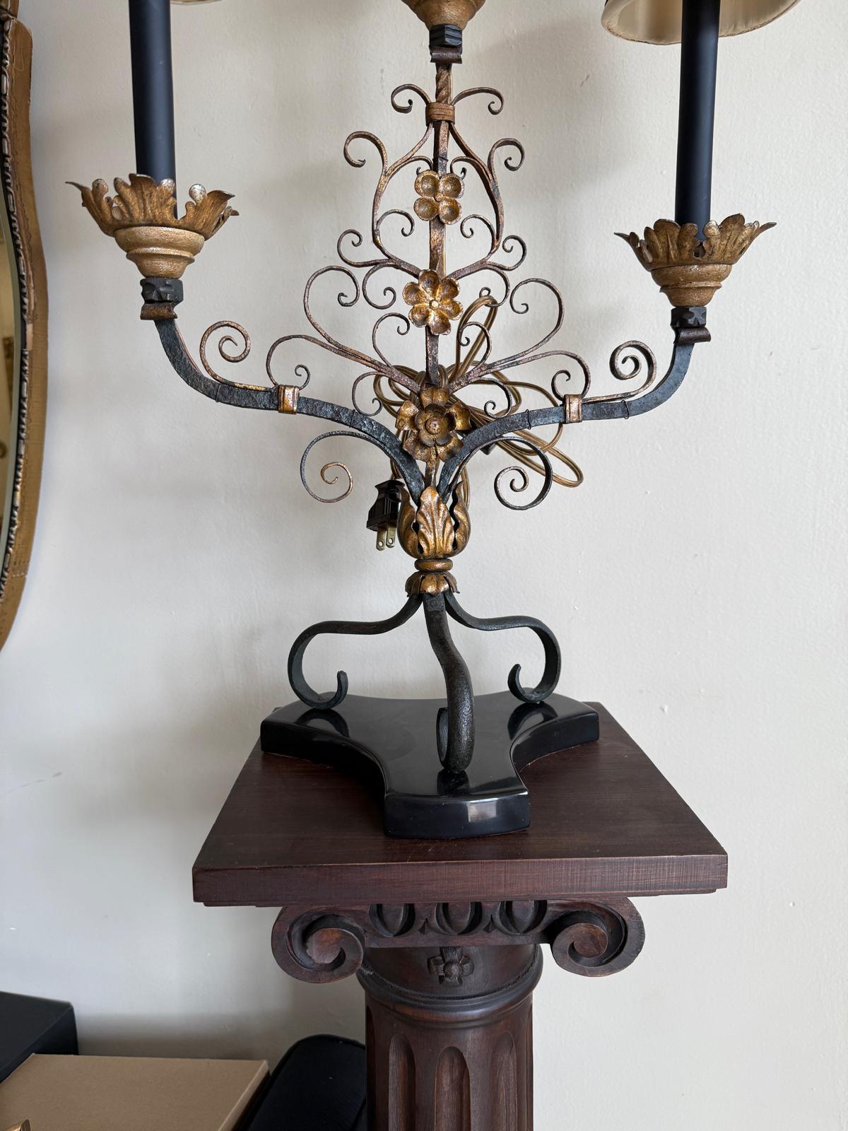 Vintage Wrought Gold Black Iron Electric Candelabra Floral Scroll Base Table Lamp Beige Burlap Shades 3 Lights Ornate Lamp & Shades Elegant