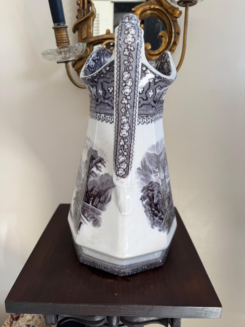 Antique Jug Pitcher Alleghany Ironstone Black Transferware Jug by R. Goddard & Co.19th C. American Pottery Romantic Pastoral Landscape Motif