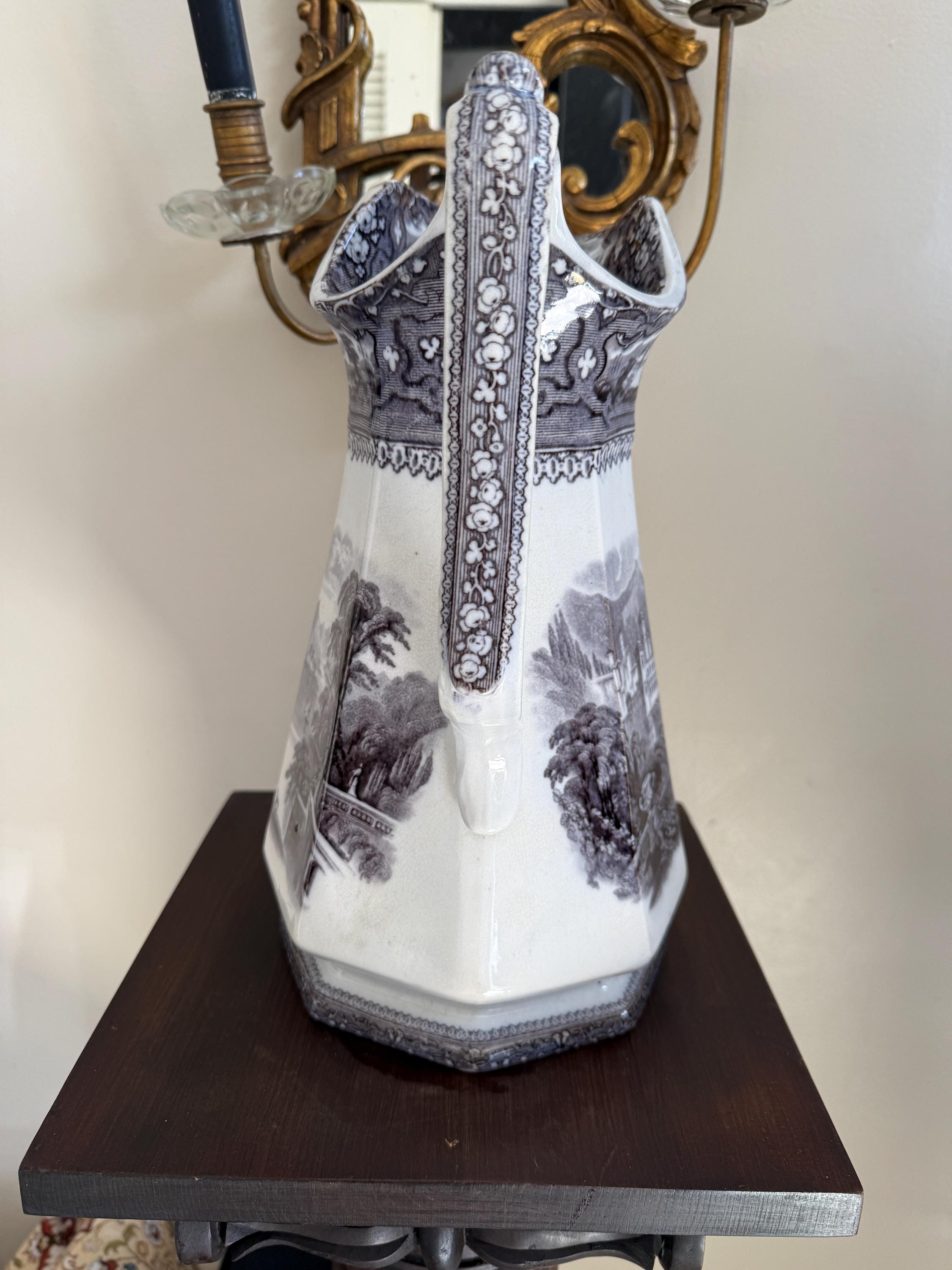 Antique Jug Pitcher Alleghany Ironstone Black Transferware Jug by R. Goddard & Co.19th C. American Pottery Romantic Pastoral Landscape Motif