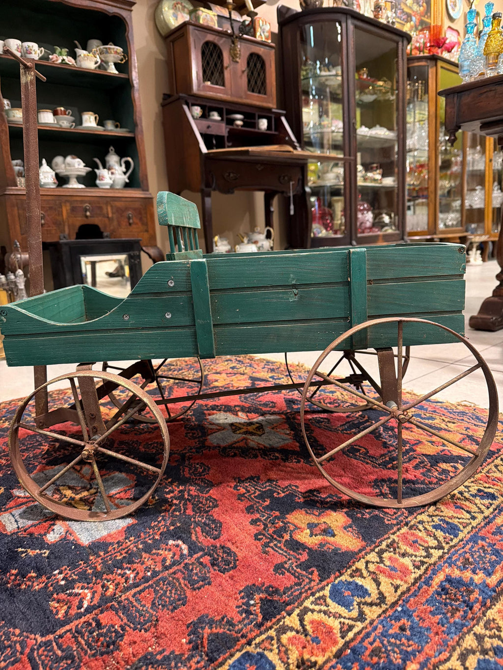 Antique Wooden Wagon Green Child Pull Wagon Primitive Farm Cart Rustic Farmhouse Decor Outdoor Planter