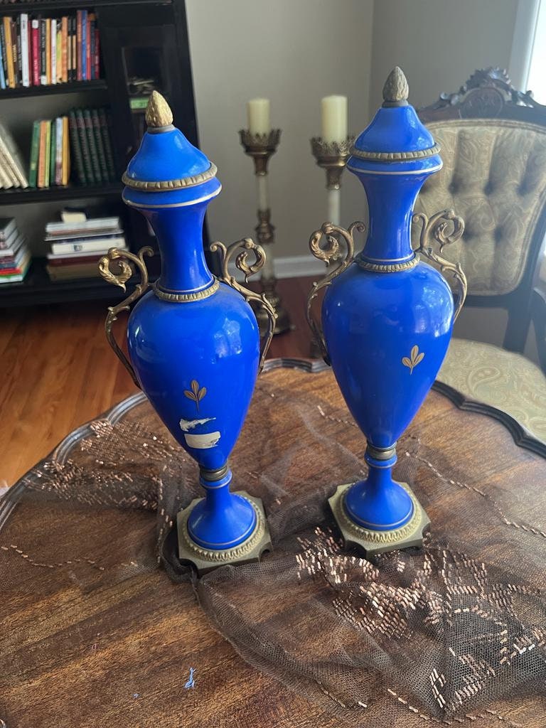 Antique French Cobalt Blue Porcelain Vases Pair Floral Urns Gilt Bronze Handles Victorian Home Decor Elegant Collectible Display Piece