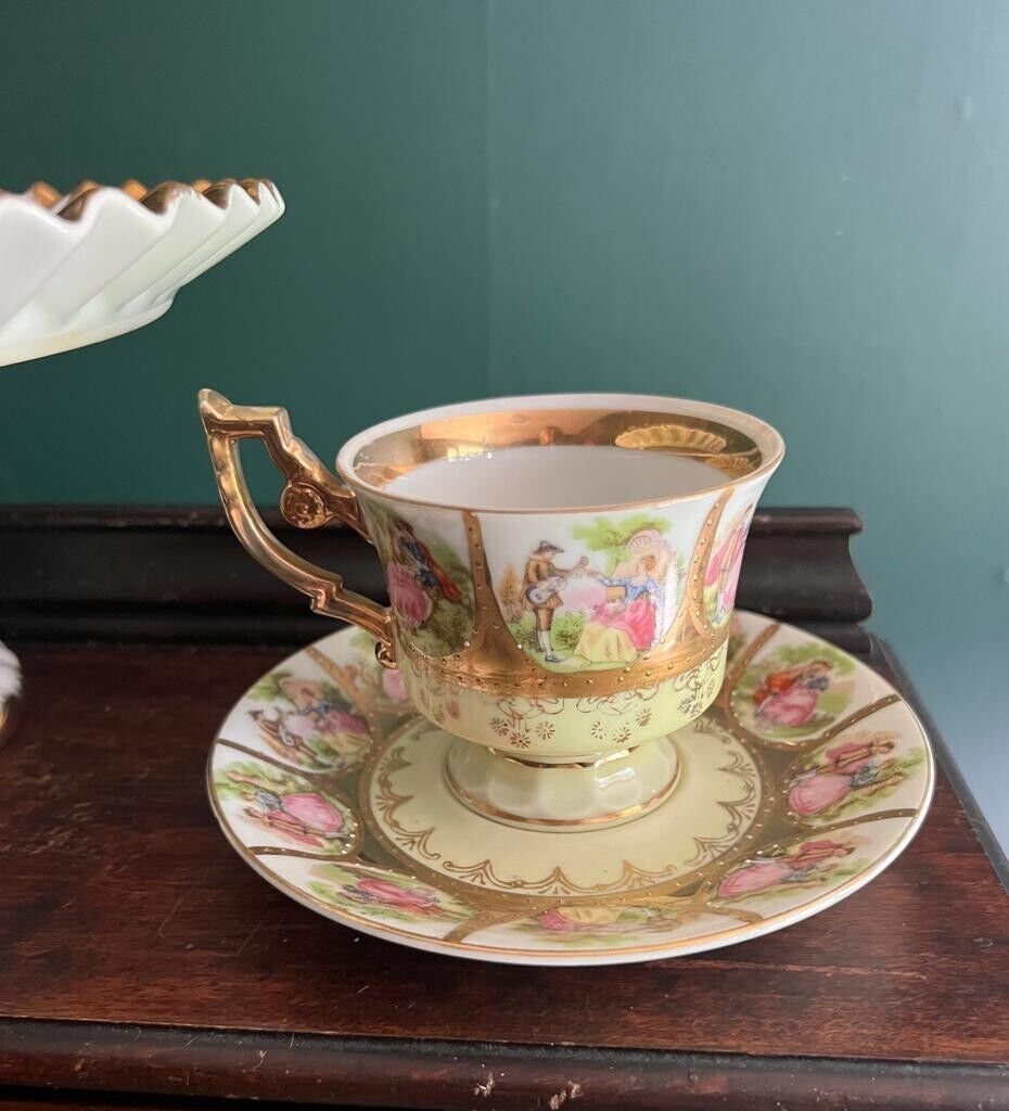 Vintage Porcelain Pedestal Cake Stand Demitasse Cup Saucer Set Floral Gold Trim Romantic Scene German China Shabby Chic Decoration Elegant