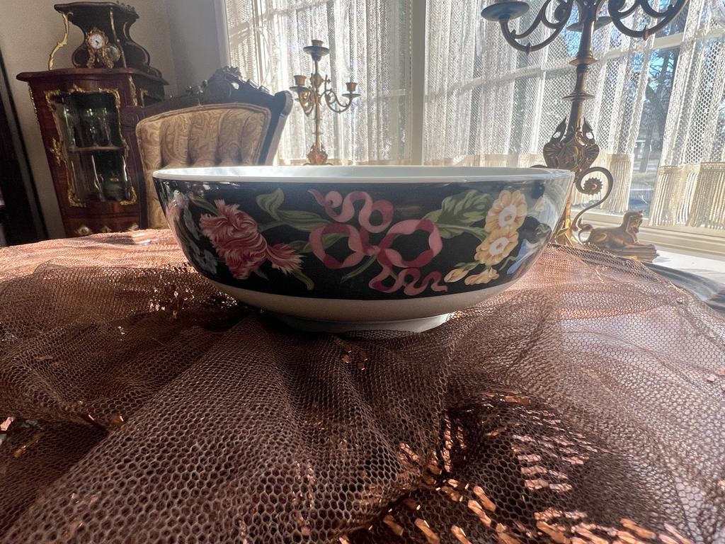 Vintage Floral Porcelain Bowl Black Background Pink Roses Blue Flowers Gold Accents Hand Painted Decorative Centerpiece Dish Collectible