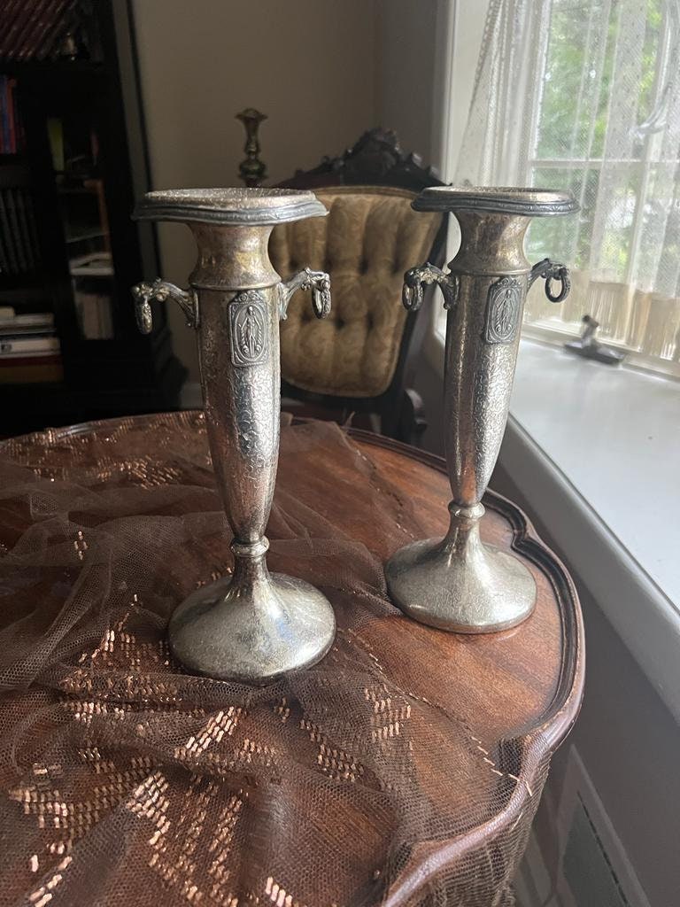 Antique Art Nouveau Silverplate Candlestick Pair Ornate Column Design Lion Head Handles Decorative Candle Holder Home Decor Display Accent