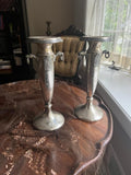 Antique Art Nouveau Silverplate Candlestick Pair Ornate Column Design Lion Head Handles Decorative Candle Holder Home Decor Display Accent