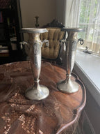 Antique Art Nouveau Silverplate Candlestick Pair Ornate Column Design Lion Head Handles Decorative Candle Holder Home Decor Display Accent