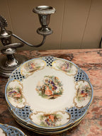 Schumann Arzberg Germany Decorative Plate Rococo Style Blue Reticulated Porcelain Courting Scene Gilded Wall Display Collectible Art
