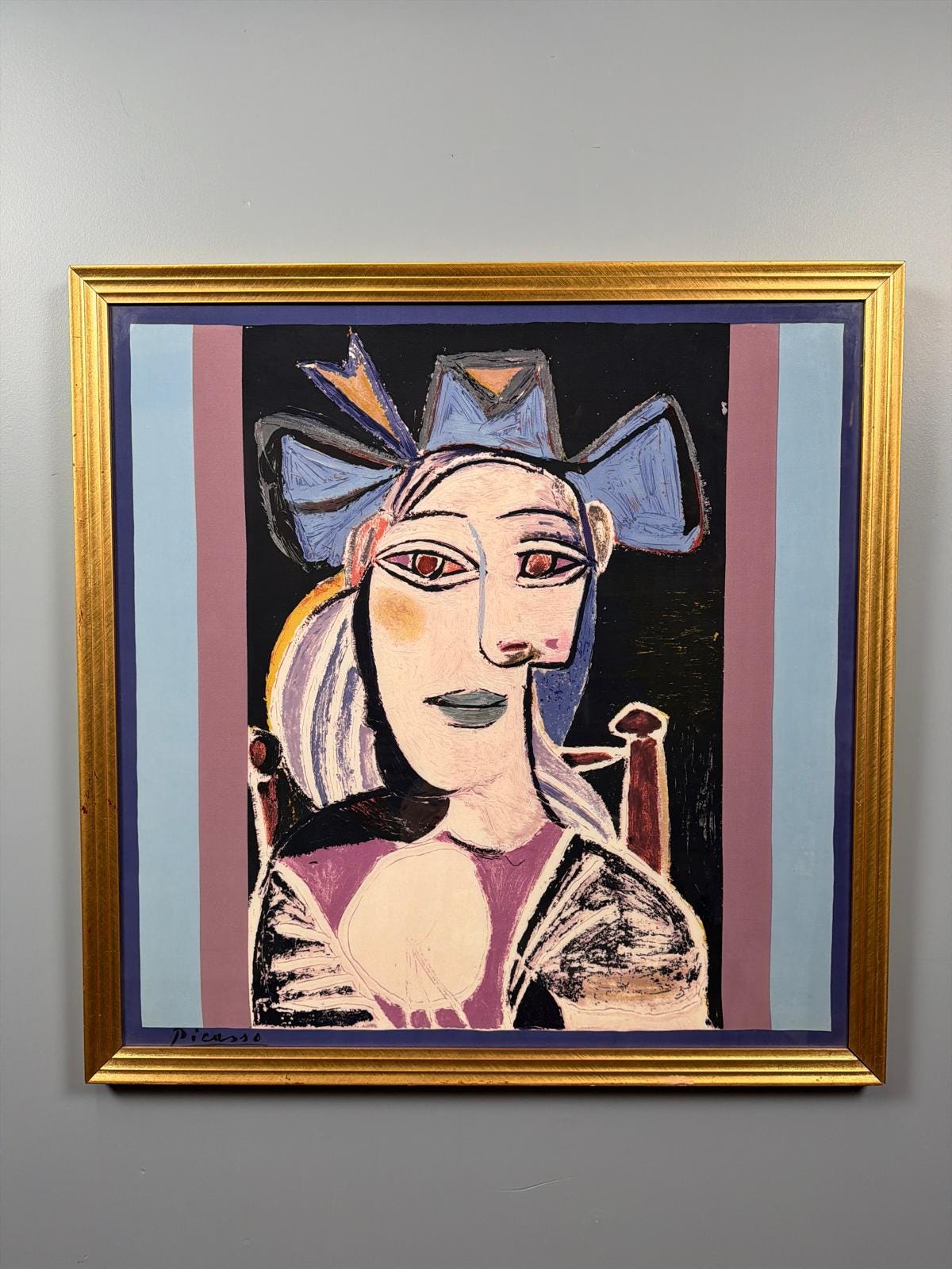 Cubist Silk Artwork Framed Under Glass – Signed Picasso Style Portrait in Gold Frame 36"36"