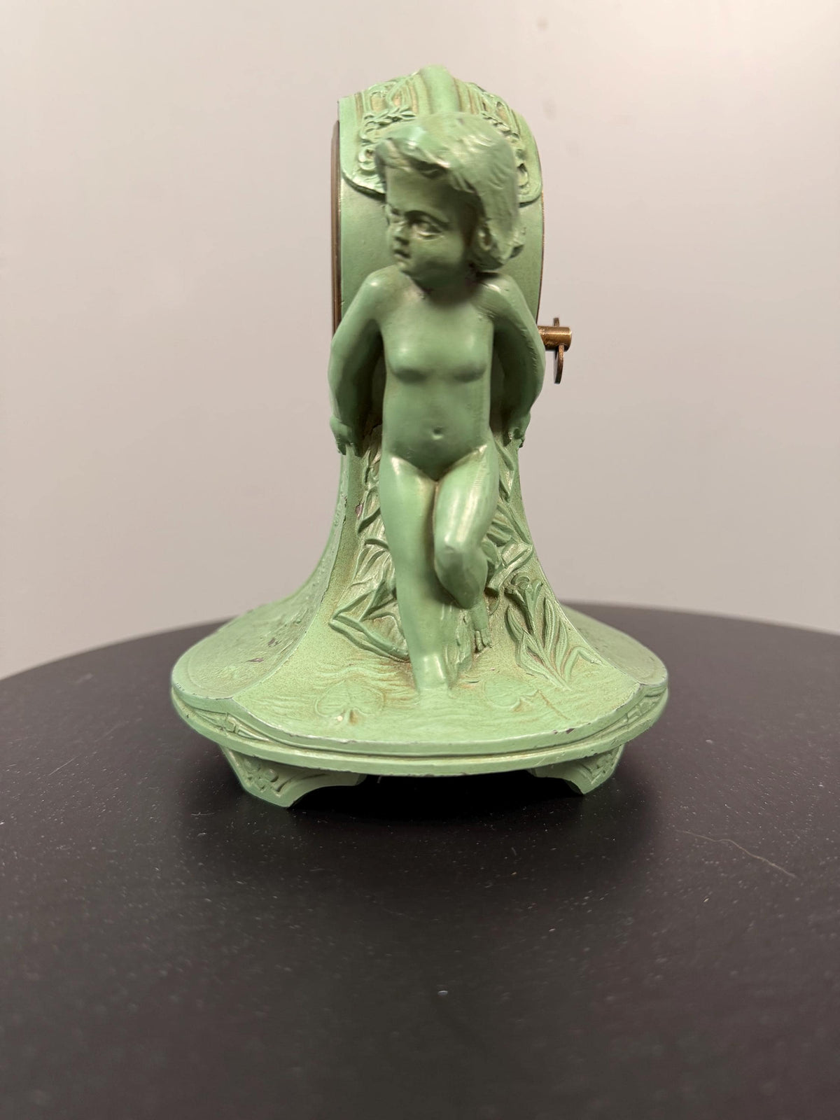 Antique Figural Cherub Mantel Clock Made in the USA, Green Painted Metal Table Clock