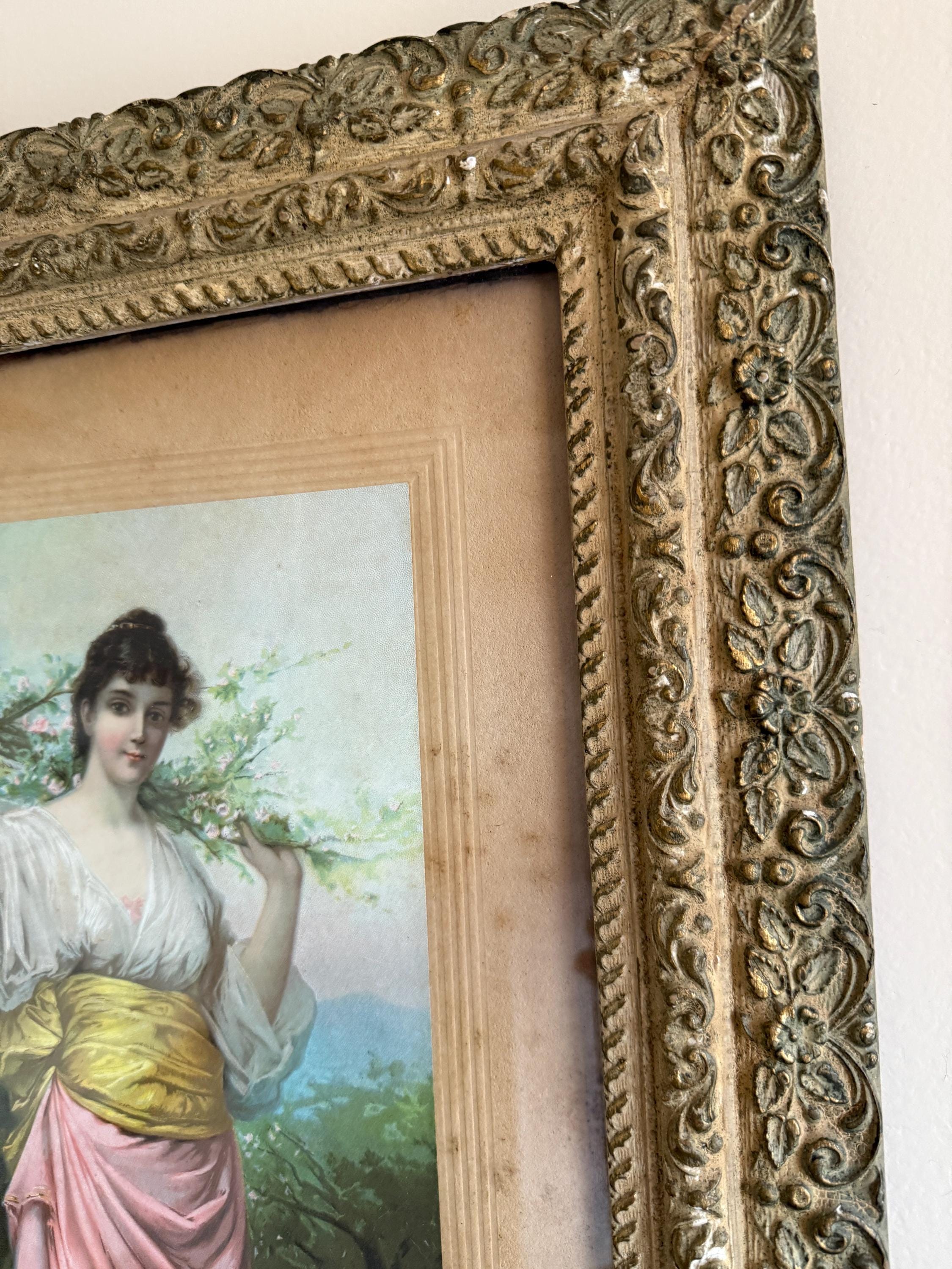 Antique Victorian Woman Paint on Plaque Framed Antique Victorian Framed Print Romantic Woman Flowers Ornate 19th Century Artwork Wall Decor