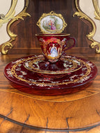 Bohemian Cranberry Glass Demitasse Cup Saucer Plate Set Gold Gilt Hand Painted Portrait Rococo Style Antique Display Tableware Décor