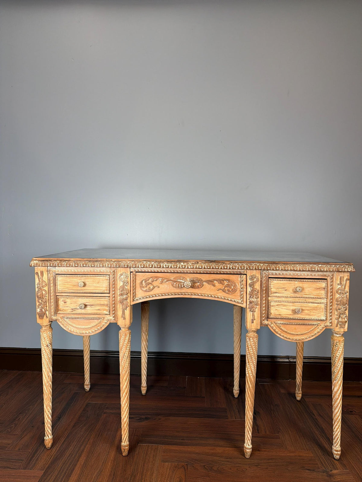 Vintage French Neoclassical Desk, Antiqued Mirrored Top, Carved Ribbon Detail, Fluted Legs