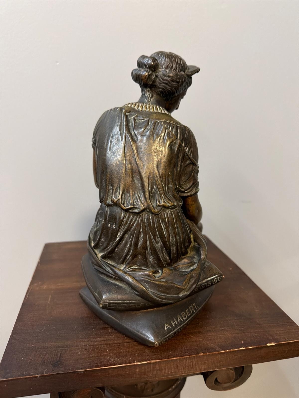 Antique French Bronze Sculpture: Neo-Classical Seated Woman with Mirror, Signed A. Habert