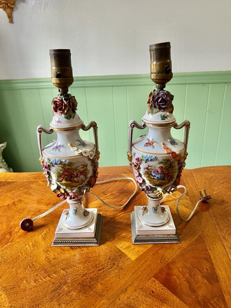 Pair of Vintage Rococo Porcelain Table Lamps Floral Relief Pastoral Scene Hand Painted Gilt Accents Romantic French Style Home Decoration
