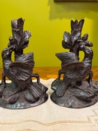 Antique Black Forest Hand Carved Bird Candlesticks Pair Oak Leaves Acorns Alpine Folk Art Wooden Candle Holders