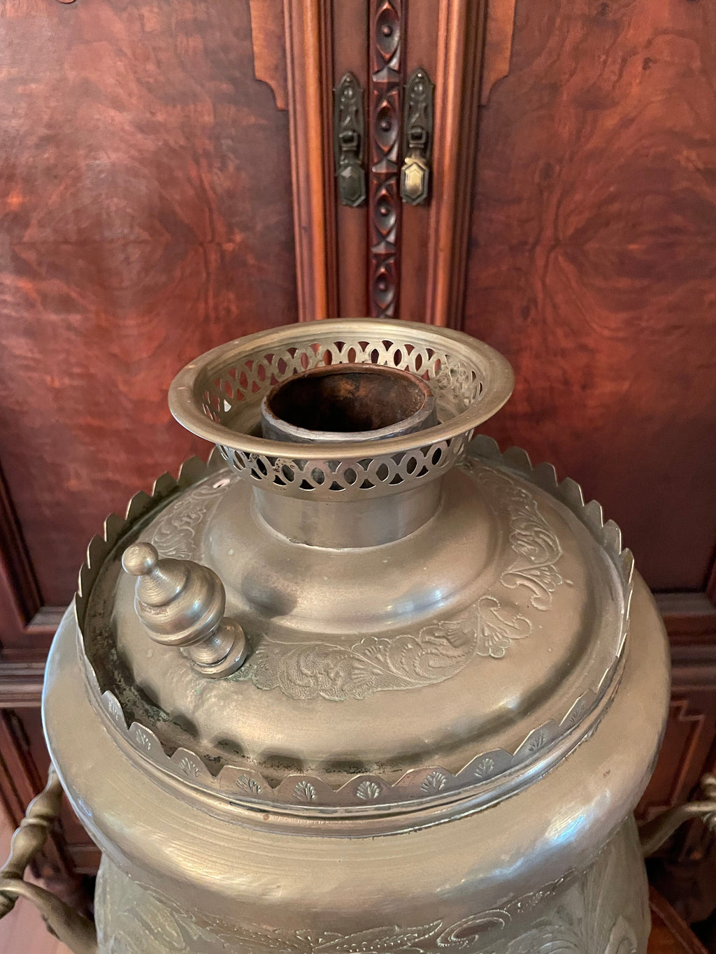 Antique Middle Eastern Samovar Large Engraved Brass Tea Urn Footed Base Unique Floral Pattern Arabic Script Collectible Decoration Piece